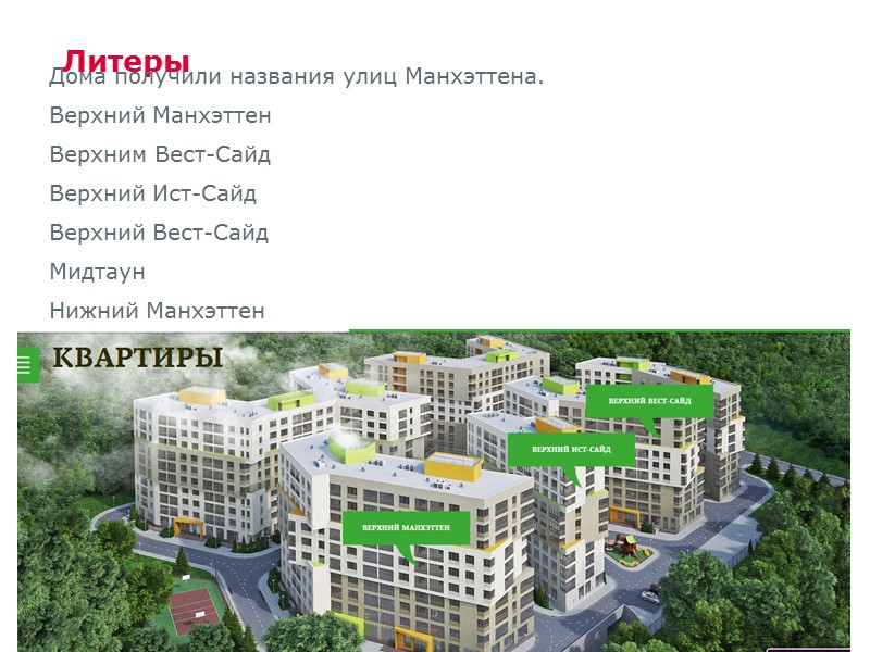 Литеры  Дома получили названия улиц Манхэттена.  Верхний Манхэттен Верхним Вест-Сайд  Верхний